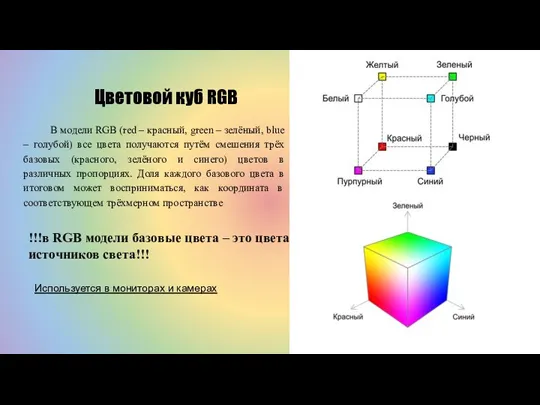 Цветовой куб RGB В модели RGB (red – красный, green – зелёный,