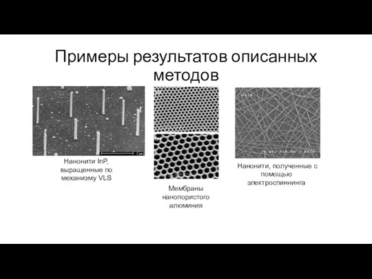 Примеры результатов описанных методов Нанонити InP, выращенные по механизму VLS Мембраны нанопористого