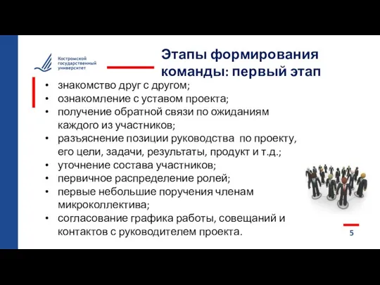 5 Этапы формирования команды: первый этап знакомство друг с другом; ознакомление с