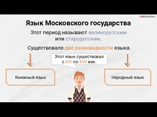 Язык Московского государства Этот период называют великорусским или старорусским. Существовало две разновидности