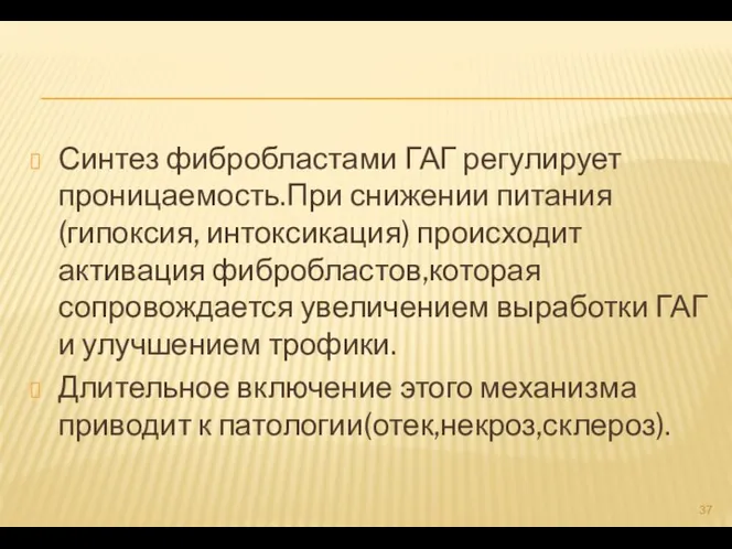 Синтез фибробластами ГАГ регулирует проницаемость.При снижении питания(гипоксия, интоксикация) происходит активация фибробластов,которая сопровождается