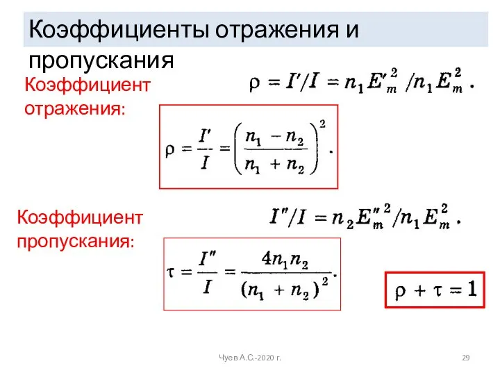 Коэффициенты отражения и пропускания Коэффициент отражения: Коэффициент пропускания: Чуев А.С.-2020 г.