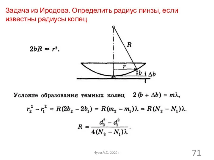 Задача из Иродова. Определить радиус линзы, если известны радиусы колец Чуев А.С.-2020 г.