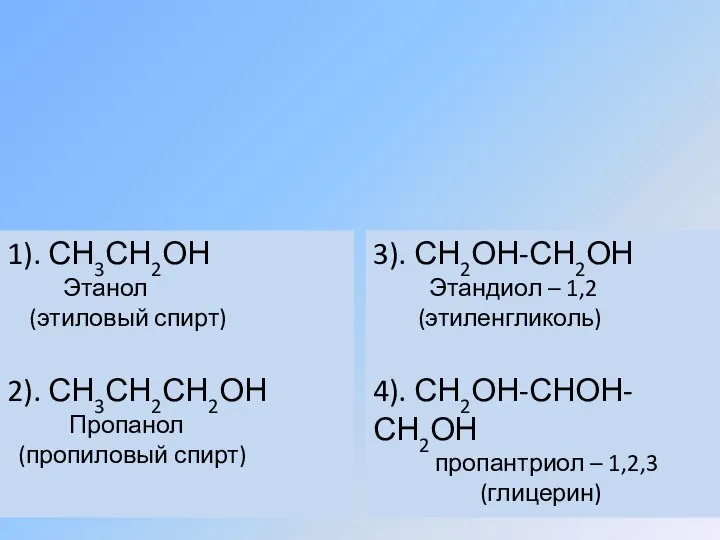 1). СН3СН2ОН Этанол (этиловый спирт) 2). СН3СН2СН2ОН Пропанол (пропиловый спирт) 3). СН2ОН-СН2ОН