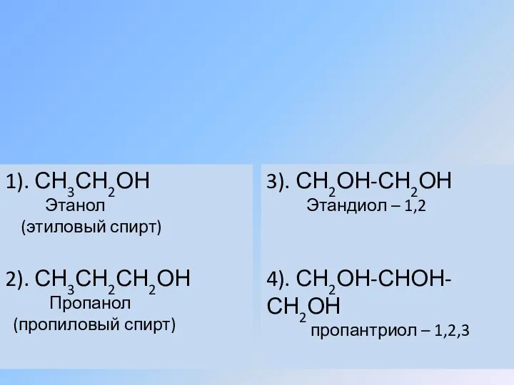 1). СН3СН2ОН Этанол (этиловый спирт) 2). СН3СН2СН2ОН Пропанол (пропиловый спирт) 3). СН2ОН-СН2ОН