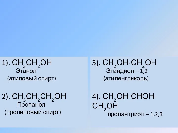 1). СН3СН2ОН Этанол (этиловый спирт) 2). СН3СН2СН2ОН Пропанол (пропиловый спирт) 3). СН2ОН-СН2ОН