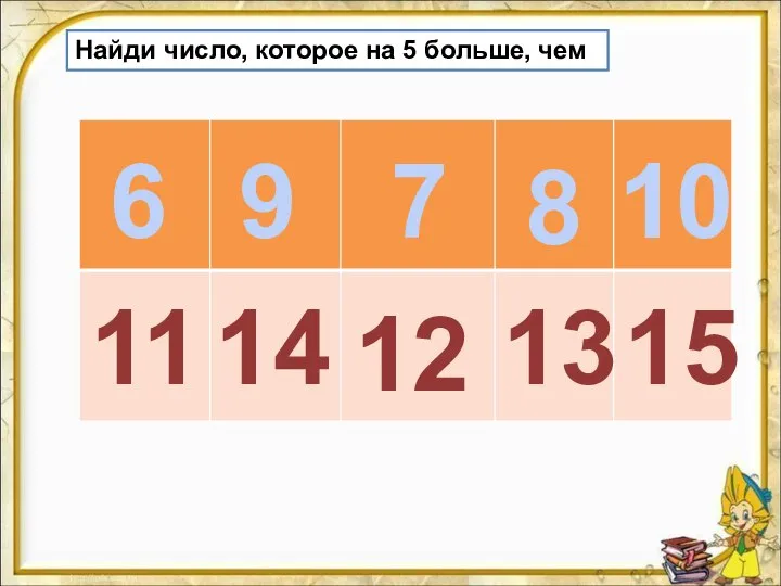 Найди число, которое на 5 больше, чем 6 9 7 8 10