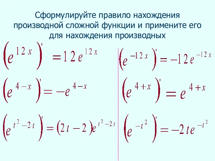 Сформулируйте правило нахождения производной сложной функции и примените его для нахождения производных