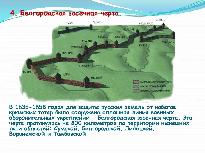 4. Белгородская засечная черта. В 1635-1658 годах для защиты русских земель от