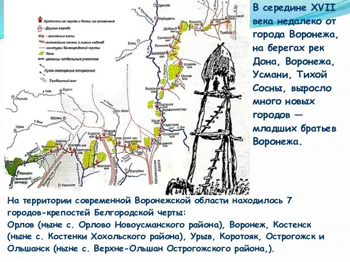 На территории современной Воронежской области находилось 7 городов-крепостей Белгородской черты: Орлов (ныне