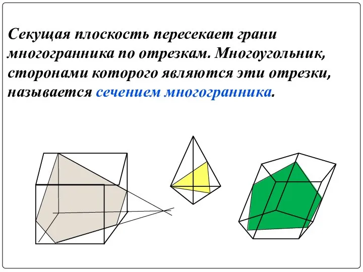 Секущая плоскость пересекает грани многогранника по отрезкам. Многоугольник, сторонами которого являются эти отрезки, называется сечением многогранника.
