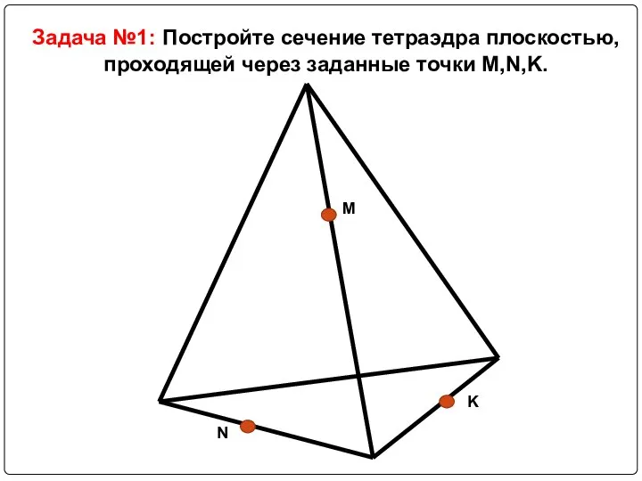 Задача №1: Постройте сечение тетраэдра плоскостью, проходящей через заданные точки M,N,K.