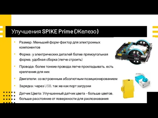 Улучшения SPIKE Prime (Железо) Размер: Меньший форм-фактор для электронных компонентов Форма: у