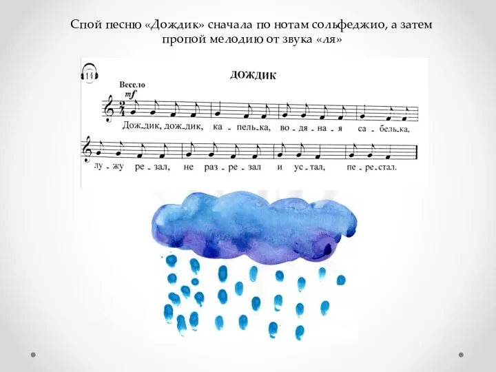 Спой песню «Дождик» сначала по нотам сольфеджио, а затем пропой мелодию от звука «ля»