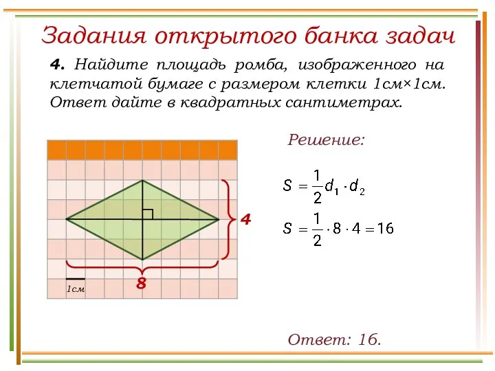 Задания открытого банка задач 4. Найдите площадь ромба, изображенного на клетчатой бумаге