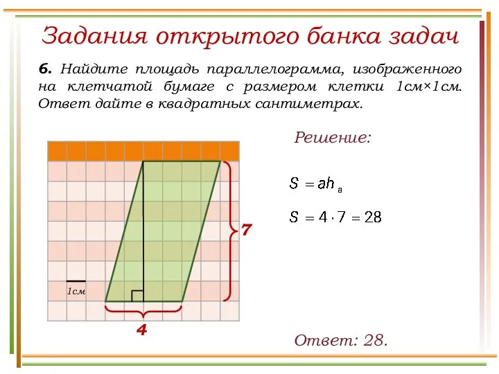 Задания открытого банка задач 6. Найдите площадь параллелограмма, изображенного на клетчатой бумаге