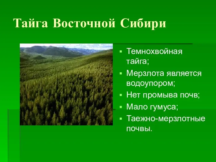 Тайга Восточной Сибири Темнохвойная тайга; Мерзлота является водоупором; Нет промыва почв; Мало гумуса; Таежно-мерзлотные почвы.