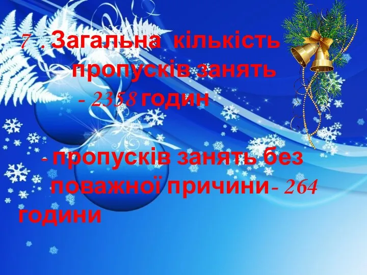 7 . Загальна кількість пропусків занять - 2358 годин - пропусків занять