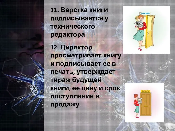 11. Верстка книги подписывается у технического редактора 12. Директор просматривает книгу и