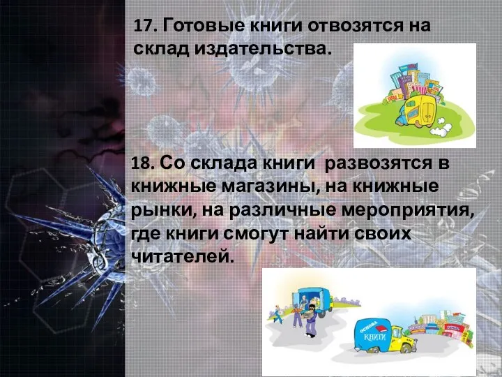 17. Готовые книги отвозятся на склад издательства. 18. Со склада книги развозятся