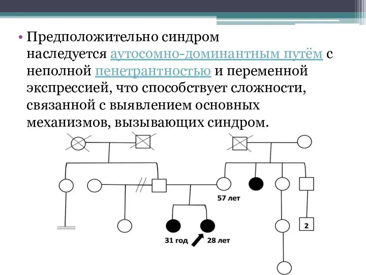 Предположительно синдром наследуется аутосомно-доминантным путём с неполной пенетрантностью и переменной экспрессией, что