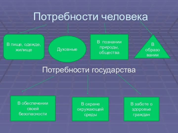 Потребности человека Потребности государства В обеспечении своей безопасности В охране окружающей среды