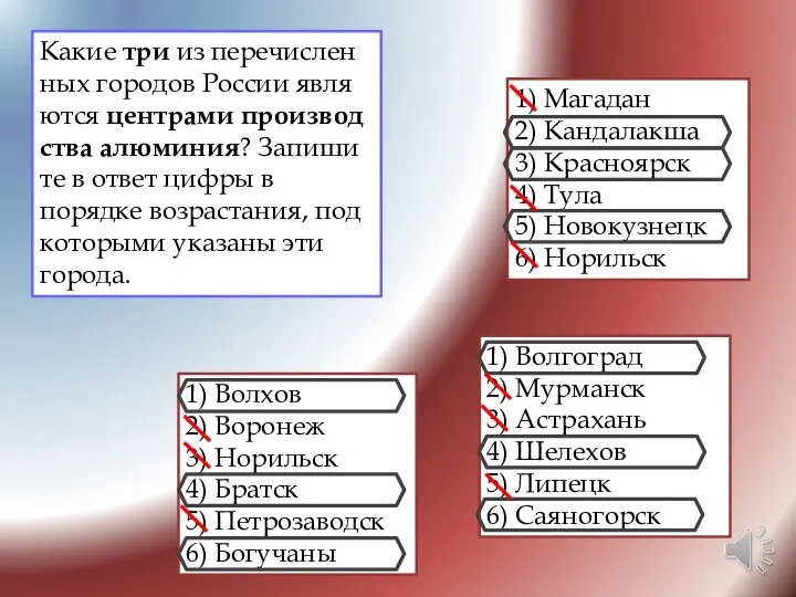 1) Магадан 2) Кандалакша 3) Красноярск 4) Тула 5) Новокузнецк 6) Норильск