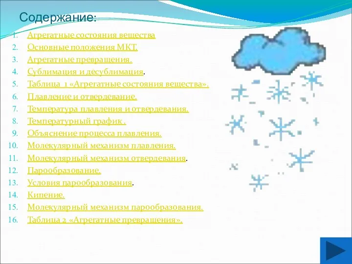 Содержание: Агрегатные состояния вещества Основные положения МКТ. Агрегатные превращения. Сублимация и десублимация.