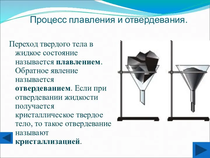 Процесс плавления и отвердевания. Переход твердого тела в жидкое состояние называется плавлением.