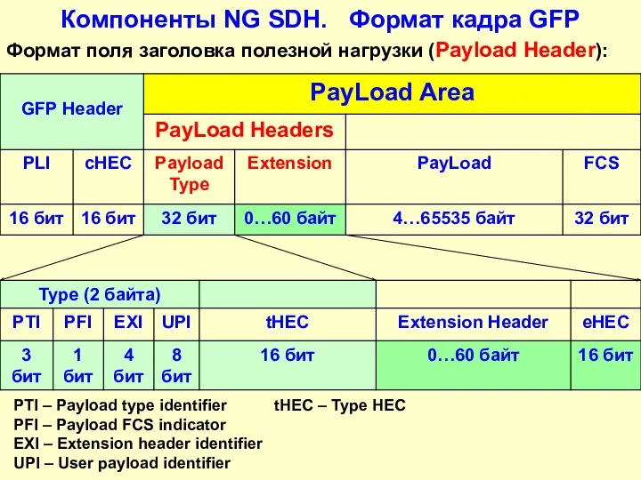 Компоненты NG SDH. Формат кадра GFP Формат поля заголовка полезной нагрузки (Payload