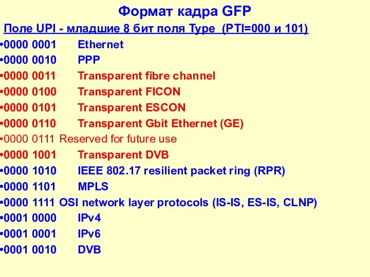 Формат кадра GFP Поле UPI - младшие 8 бит поля Type (PTI=000