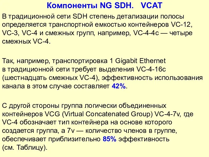 Компоненты NG SDH. VCAT В традиционной сети SDH степень детализации полосы определяется