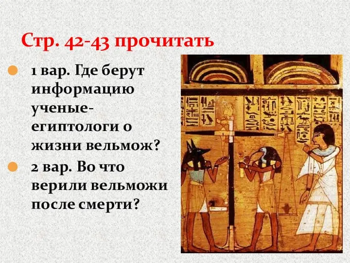 Стр. 42-43 прочитать 1 вар. Где берут информацию ученые-египтологи о жизни вельмож?