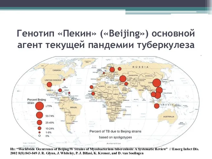 Генотип «Пекин» («Beijing») основной агент текущей пандемии туберкулеза Из: “Worldwide Occurrence of