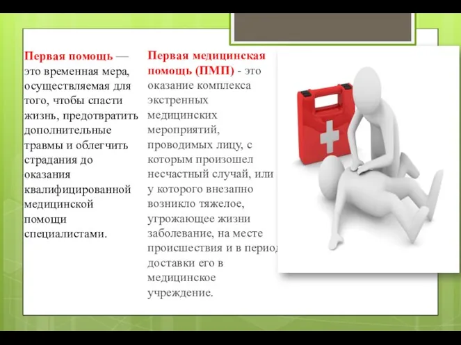 Первая медицинская помощь (ПМП) - это оказание комплекса экстренных медицинских мероприятий, проводимых