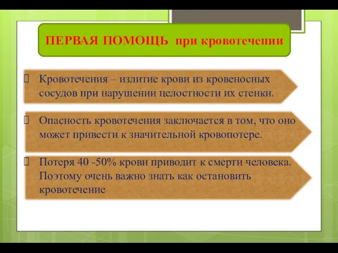 Кровотечения – излитие крови из кровеносных сосудов при нарушении целостности их стенки.