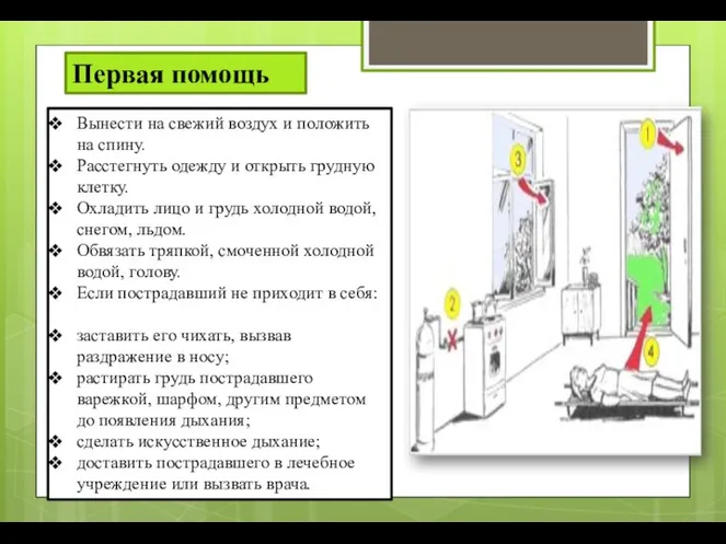 Вынести на свежий воздух и положить на спину. Расстегнуть одежду и открыть