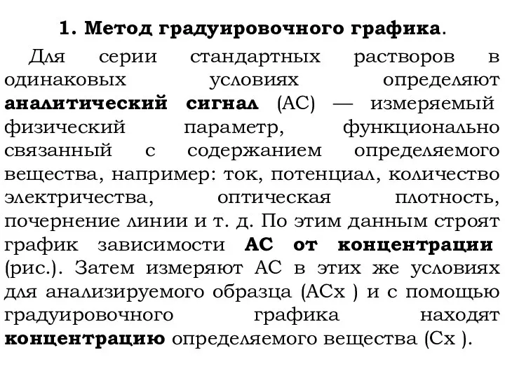 1. Метод градуировочного графика. Для серии стандартных растворов в одинаковых условиях определяют