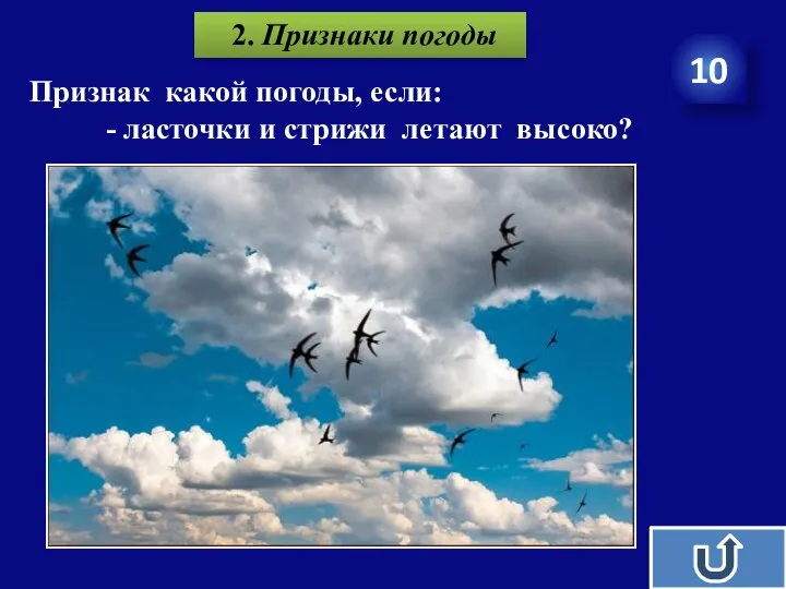 10 2. Признаки погоды Признак какой погоды, если: - ласточки и стрижи летают высоко?