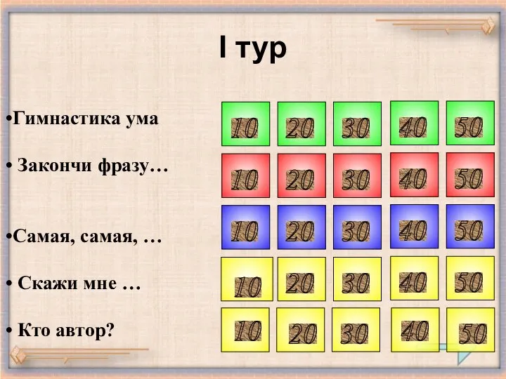 I тур 10 20 30 10 20 30 10 20 30 20