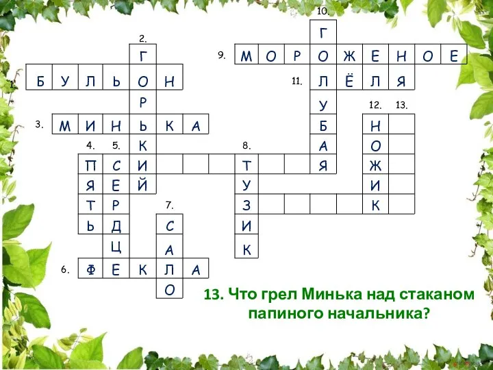 13. Что грел Минька над стаканом папиного начальника?