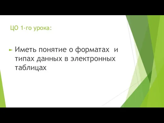 ЦО 1-го урока: Иметь понятие о форматах и типах данных в электронных таблицах