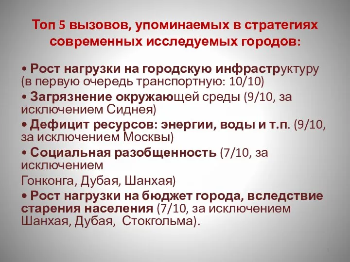 Топ 5 вызовов, упоминаемых в стратегиях современных исследуемых городов: • Рост нагрузки