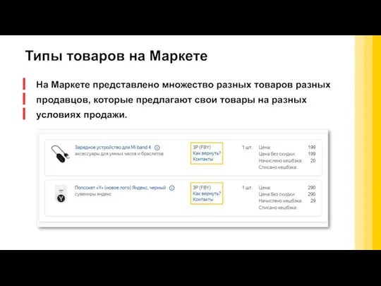 Типы товаров на Маркете На Маркете представлено множество разных товаров разных продавцов,