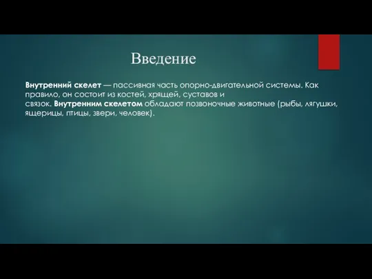 Введение Внутренний скелет — пассивная часть опорно-двигательной системы. Как правило, он состоит