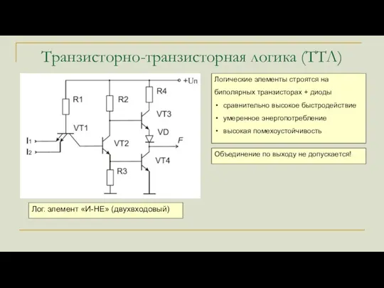 Транзисторно-транзисторная логика (ТТЛ) Логические элементы строятся на биполярных транзисторах + диоды сравнительно