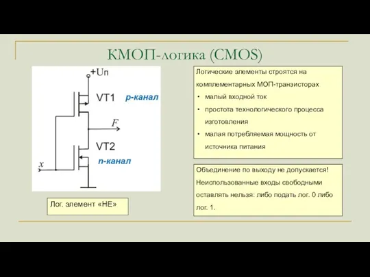 КМОП-логика (CMOS) Логические элементы строятся на комплементарных МОП-транзисторах малый входной ток простота