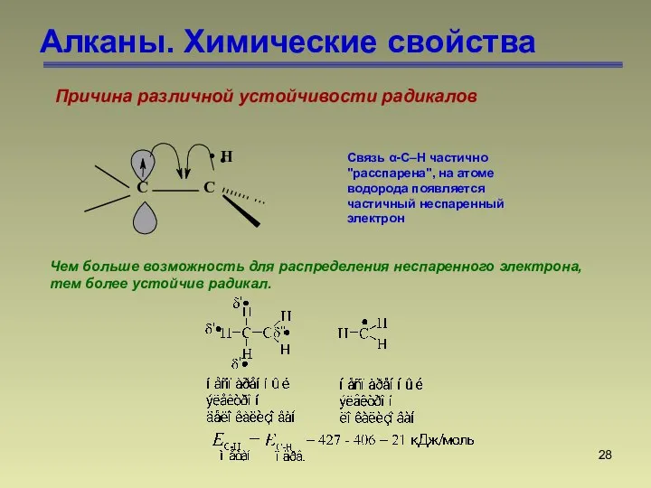 Алканы. Химические свойства Причина различной устойчивости радикалов Связь α-C–H частично "расспарена", на