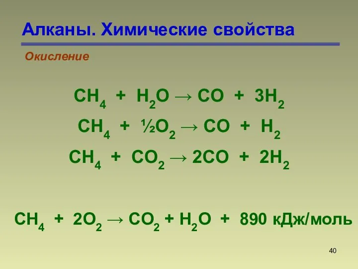 Алканы. Химические свойства Окисление CH4 + H2O → CO + 3H2 CH4