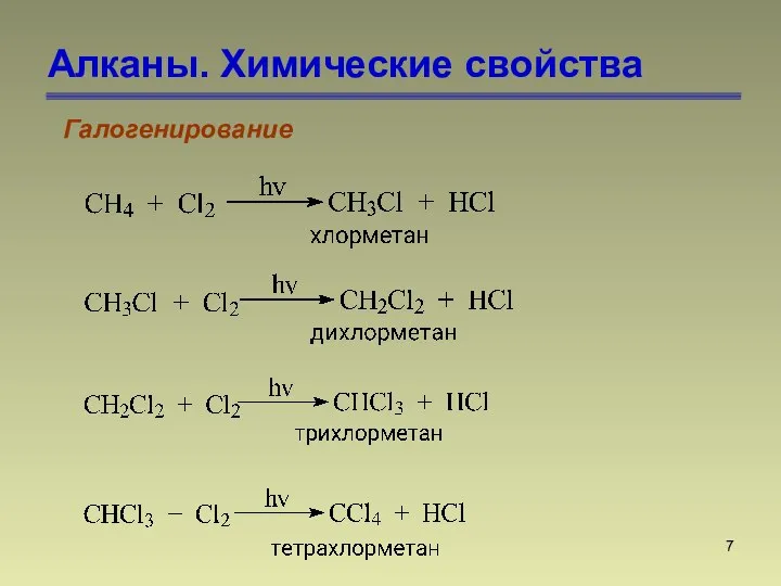 Алканы. Химические свойства Галогенирование